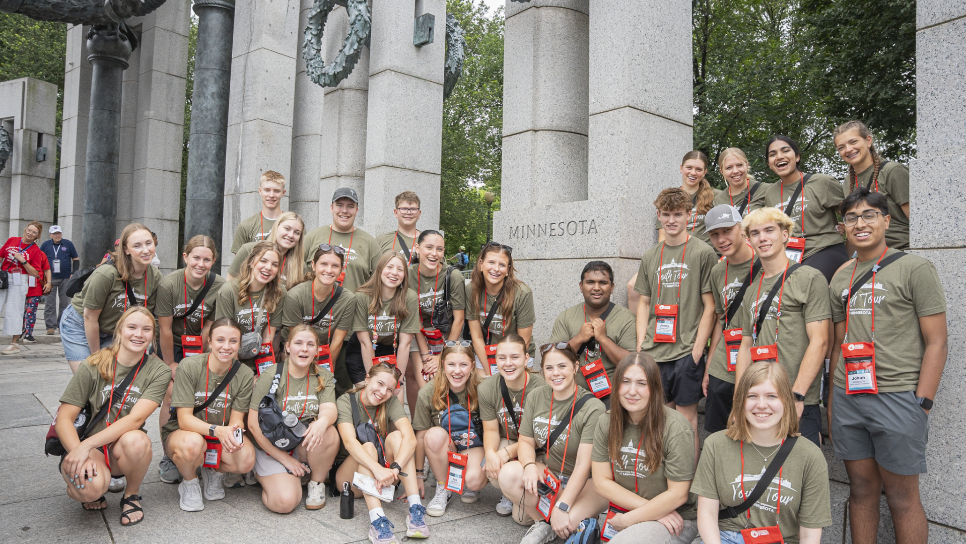 Youth Tour delegates posing for a picture at the WWII Memorial