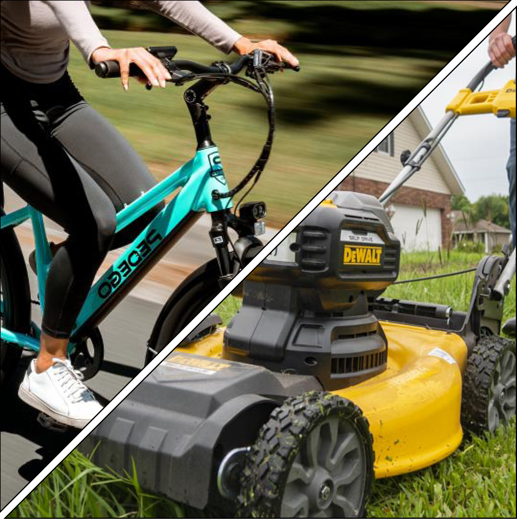 graphic-of-pedego-bike-and-dewalt-DCMWSP256-mower